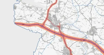Grafische Darstellung zur Lärmkartierung im Bereich der Stadt Goch (Rechte: LANUV NRW, Straßen NRW, Geobasis.NRW, BKG, Planet Observer)